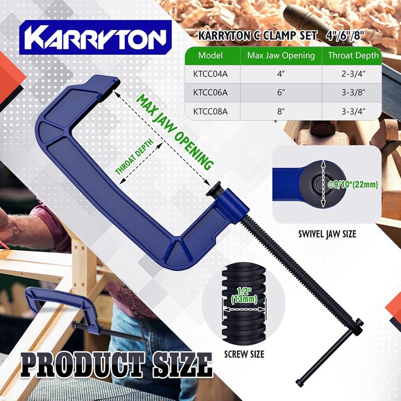 KARRYTON C Clamps set(4"+6"+8"), Large Deep Throat Ductile Iron C-Clamp w/ 1700-2930LB Clamping Force, Unique Ergonomic Design for Welding, Woodworking, Metal and DIY Projects - Image 2